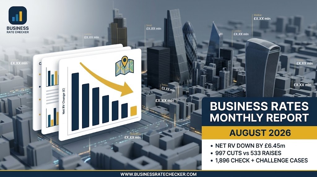 Business Rate Checker monthly report cover for August 2026, showing a falling bar chart over a city skyline with the headline figures: net rateable value down £6.45m, 997 cuts versus 533 raises, and 1,896 Check and Challenge cases